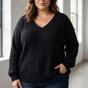 NWT AVA & VIV Black Deep V-Neck Ribbed Sweater 4X